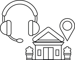 A house with a building in the background and a person wearing a headset