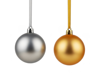 Two shiny christmas tree ornaments, one silver and one gold, hanging by their ribbons isolated on transparent background