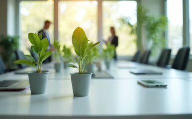 Business people discuss green tech investment in office meeting room. Plants on table signify eco friendly strategy and sustainable growth. Collaboration for future corporate planning.