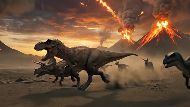 Dinosaurs are running across a rocky prehistoric landscape with active erupting volcanoes in the background, showing a scene of disaster, chaos, and a cataclysmic extinction event