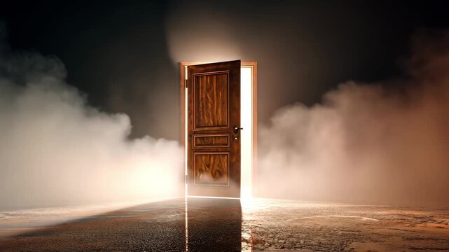 A door slowly opens in a dark environment, emitting bright light and fog, suggesting a revelation or new beginning