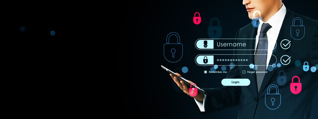 Businessman using smartphone to access secure login interface with digital hologram password authentication on dark background concept.