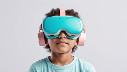 Child wearing virtual reality headset with headphones in indoor setting Generative AI