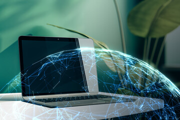 Digital connections and global network concept visualized over laptop on desk in modern office with abstract light background. 3D Rendering
