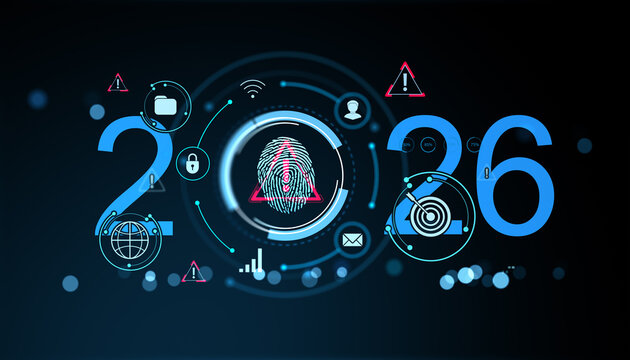 Futuristic cybersecurity icon symbols and fingerprint ID concept for 2026 on abstract digital light background with warning and data interface elements. 3D Rendering - Powered by Adobe