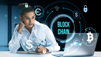 Businesswoman analyzing blockchain data and cryptocurrency symbols on laptop with futuristic technology interface in dark office background.