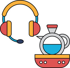 A black and white drawing of a headset and a teapot