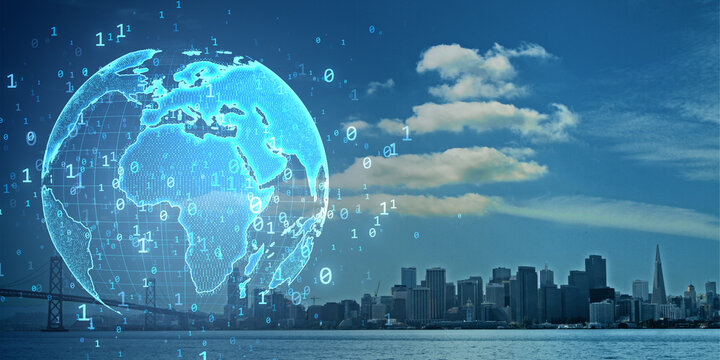 Digital global map with binary data overlay in front of modern city skyline under clear blue sky and light clouds in futuristic virtual concept.