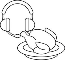 A picture of a chicken on a plate with headphones on top of it