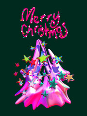 Christmas tree decorated with stars in 3D style, background for your poster design