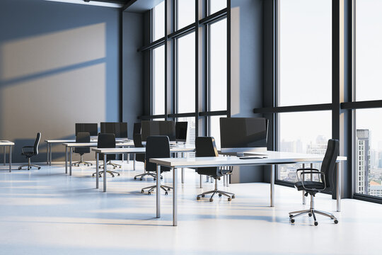 Modern empty corporate office interior with large windows and minimalistic design, showcasing bright creative workspace environment. 3D Rendering