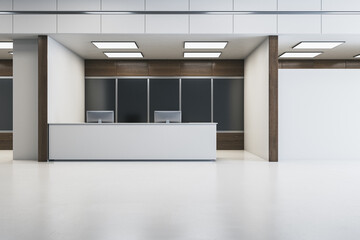 Modern office reception interior with sleek white desk and dark panel background in minimalist workspace concept. 3D Rendering. 3D Rendering