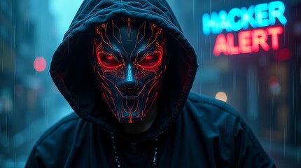A mysterious figure in a dark hoodie wears a glowing mask, evoking a cyberpunk vibe in a rainy urban setting.