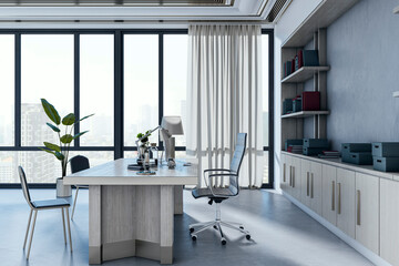 Modern executive office interior with panoramic city view, minimalist furniture, and natural light streaming through large windows in background. 3D Rendering