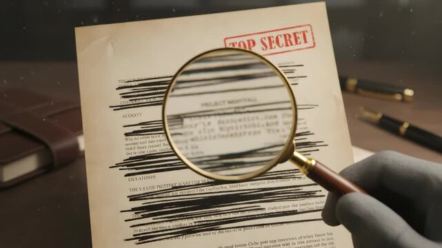 Man in gloves examining redacted top secret document with magnifying glass. Conspiracy theory and hidden information.