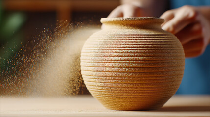 Hands shaping a clay pot on a spinning wheel with warm sunlight creating a natural artistic atmosphere, conveying creativity, craftsmanship and handmade pottery in a serene workshop setting.