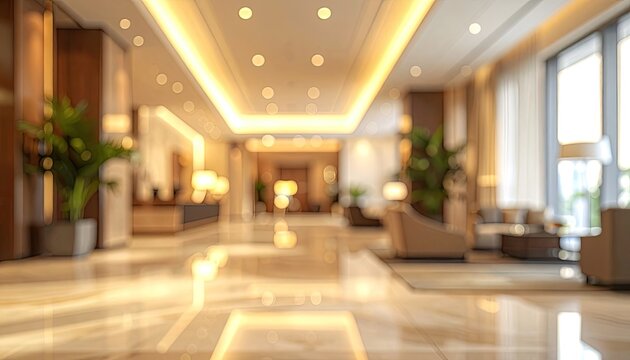 Blurred abstract view of a luxurious, warmly lit modern hotel lobby interior.