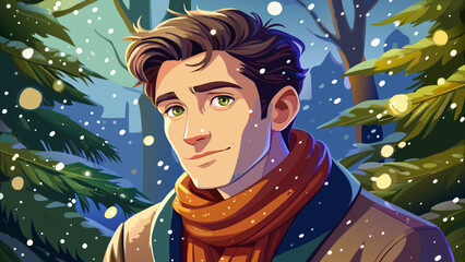 Very beautiful close-up portrait of a young man in a knitted winter scarf, gentle snow falling around him, Christmas ambience with warm lights, relaxed expression and festive seasonal mood in a natura