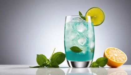 Refreshing cocktail with mint and lime served in a glass with ice Generative AI