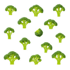 Fresh broccoli arranged creatively on a white background showcasing its vibrant green color and unique shapes