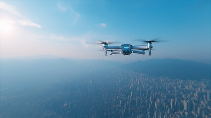 Drone hovering high above a cityscape in clear blue sky, representing modern technology, aerial photography, innovation and futuristic perspectives from elevated viewpoints.