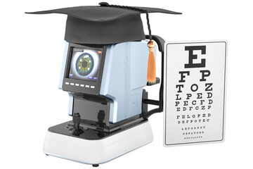 Automatic refractometer with graduation cap and eye examination chart, transparent background
