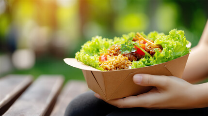 Person holding a fresh salad bowl outdoors, showcasing healthy eating, natural ingredients, vibrant colors and a lifestyle focused on wellness, balance and mindful nutrition.