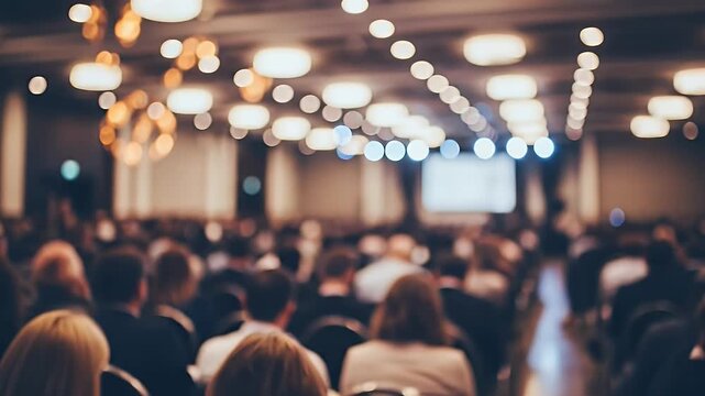 Large audience attending a conference in a modern auditorium with bright lighting and digital screens creating an engaging learning environment