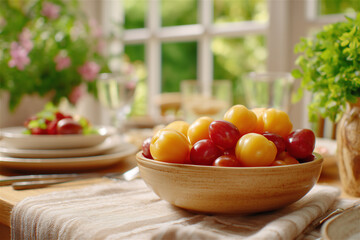 Bowl of ripe yellow and red plums on a wooden table in warm natural light, evoking freshness, simplicity and cozy rustic atmosphere with soft homey ambiance.
