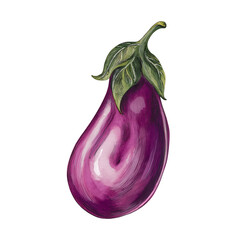 Vibrant purple eggplant with green leaves against a plain background