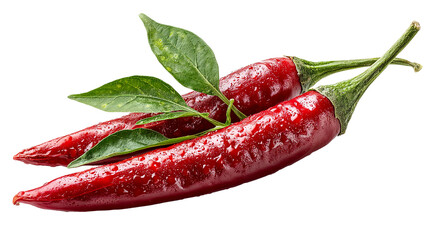 Stunning fresh red chili peppers glistening with water droplets and vibrant green leaves isolated on black isolated on transparent background