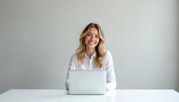 Blonde woman smiles at the camera while sitting at desk. Female uses laptop in bright office. Portrait of happy freelancer looks at display.