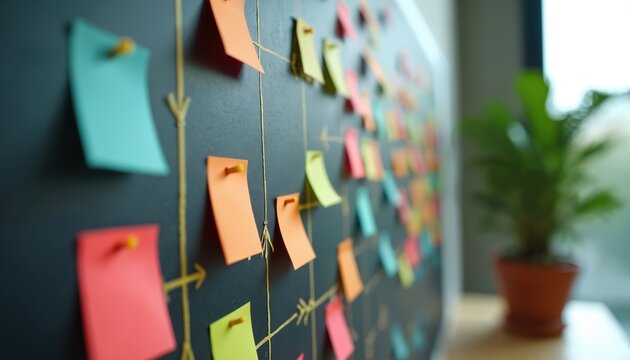 Black board displays colorful sticky notes on a flowchart. Arrows show task progression and deadlines. Project planning visual with many steps and notes.