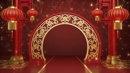 Elegant red and gold archway with traditional lanterns, creating a festive and prosperous entrance for cultural celebrations and special events