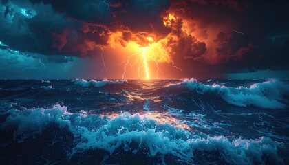 Dramatic seascape featuring intense lightning strike against fiery storm clouds over dark, turbulent ocean waves.