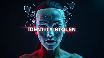 A futuristic female figure conveys the concept of identity theft with digital visual effects and a somber mood.