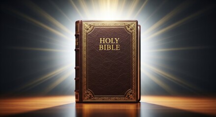 Holy Bible standing upright on a wooden surface, glowing rays shining from behind. Spiritual Christian symbol ideal for religious designs, faith concepts and worship themes