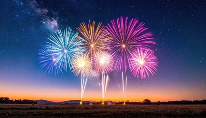 Vibrant multi-colored fireworks exploding against a starry twilight sky over a rural landscape.