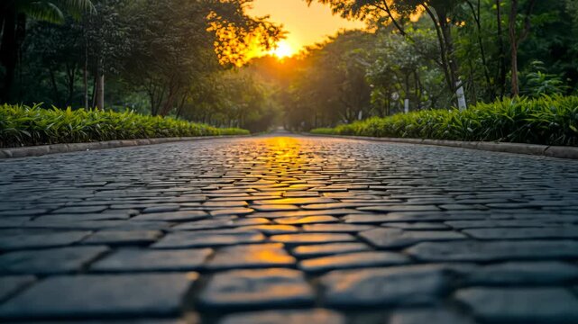 A low-angle perspective of a cobblestone path leads toward a sunrise, with trees lining both sides