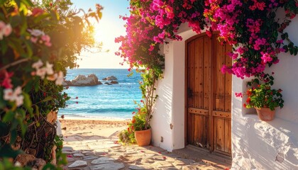 Charming Mediterranean doorway opens to a sunlit beach and turquoise sea.