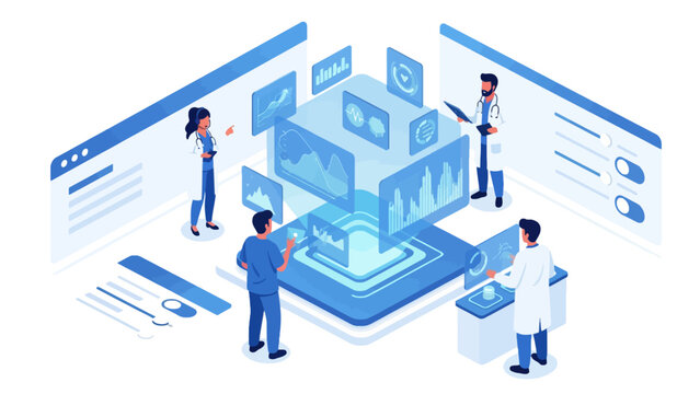 Isometric illustration of medical professionals and scientists analyzing big data and healthcare analytics with advanced technology.