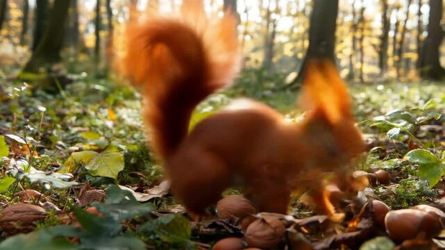 A cute squirrel is scurrying through the woods looking for food, it finds a nut, picks it up, and enjoys the bounty of the forest.