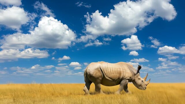 A massive rhinoceros walks slowly across a vast, grassy plain under a vivid blue sky, embodying the grandeur and vulnerability of wildlife.