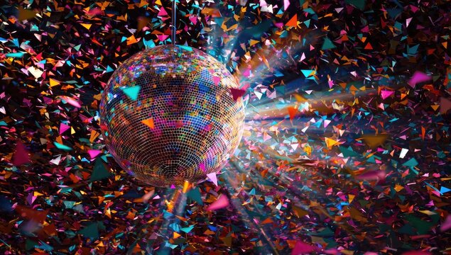 Sparkling mirrored ball amidst colorful confetti, exploding outwards with rays of light