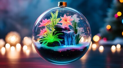 &ldquo;Sci-Fi Christmas Ornament with Floating Mini Ecosystem of Neon Bioluminescent Plants&rdquo;