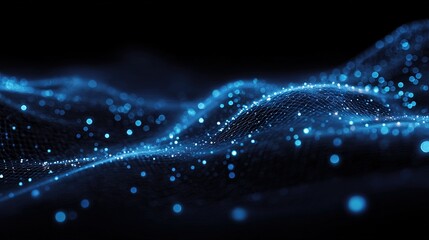 Digital data flow network with glowing particles and abstract blue wave
