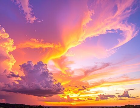 A dramatic sunset features vibrant orange, yellow, and purple clouds above a dark horizon. - Powered by Adobe