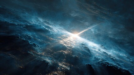 Dramatic view of an ethereal celestial body, with radiant light piercing through cosmic clouds
