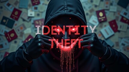 A mysterious figure in a black hoodie and gloves reveals a red glowing message, symbolizing identity theft.