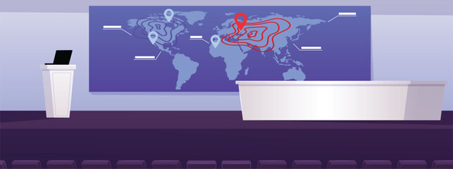 An empty lecture hall with a digital screen, world map, table, podium, laptop, and rows of seats